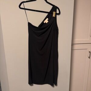 MICHAEL KORS Black One Shoulder Draped Sheath Dress Gold Buckle Size 8‎